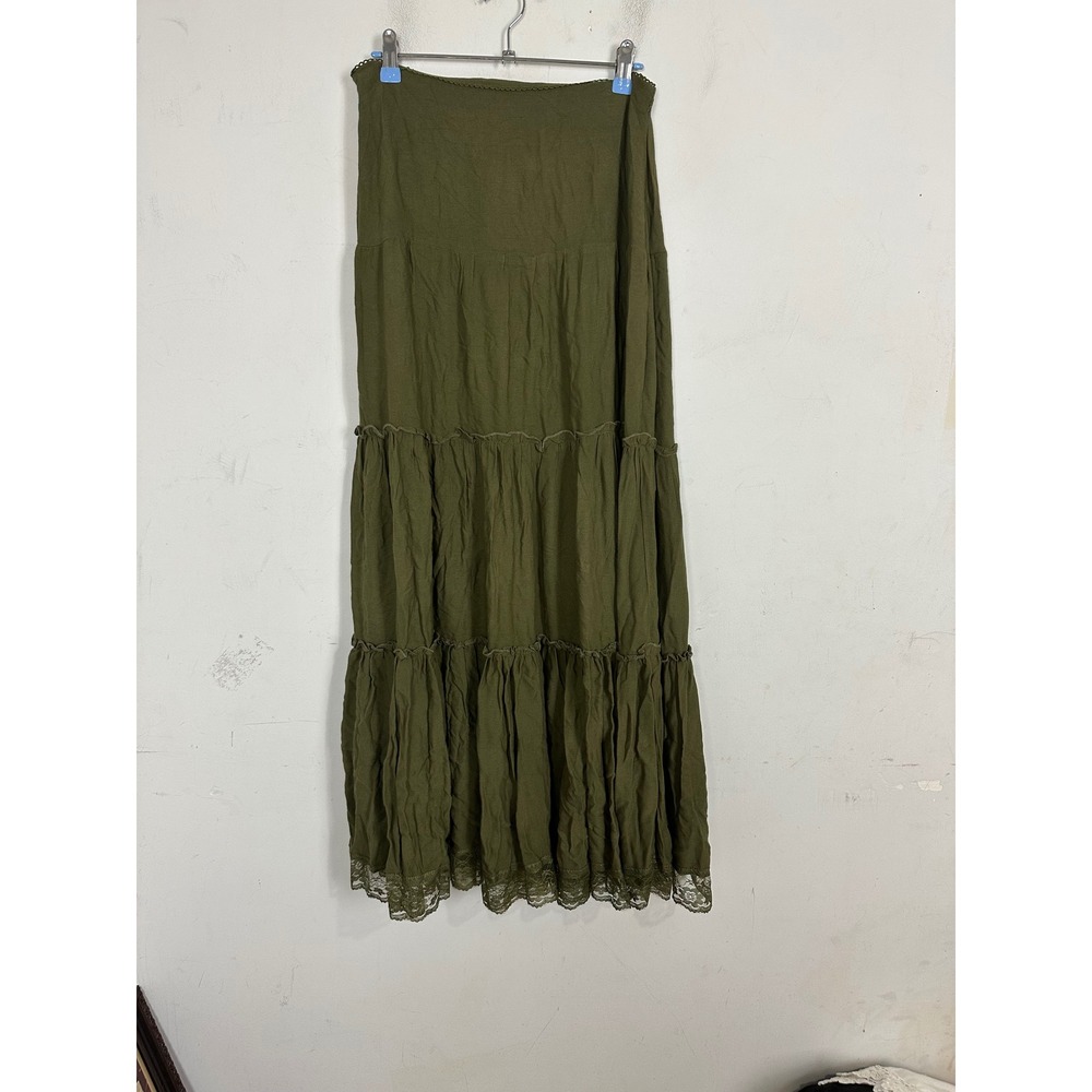Romwe Olive Green Tiered Maxi Skirt Lace Trim Boho Viscose Size L US 8/10